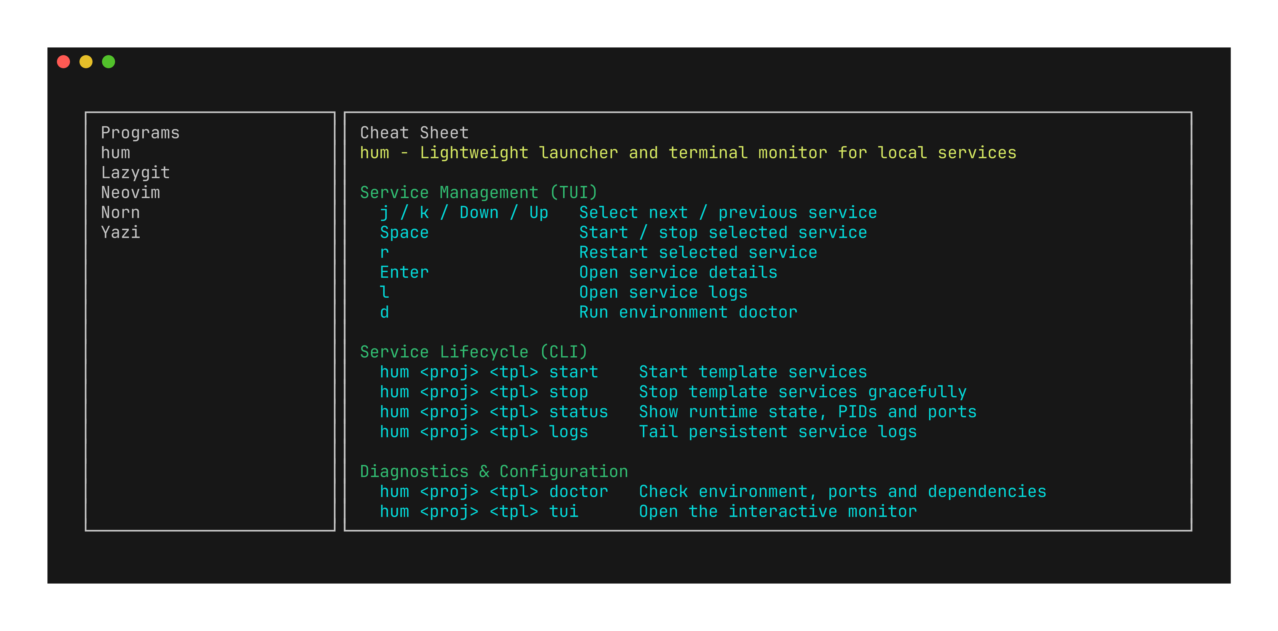 chtrs terminal interface showing the hum cheat sheet